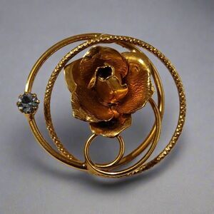 Vintage Gold Tone Rose Brooch with Rhinestone Accent Round Floral Pin